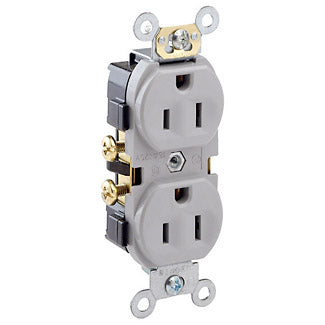 Leviton CR15-GY | Duplex Receptacle Outlet, Commercial Specification Grade, Indented Face, 15 Amp, 125 Volt, NEMA 5-15R, 2-Pole, 3-Wire, Self-Grounding - Gray