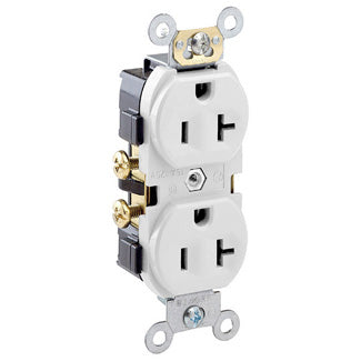 Leviton CR20-W | Duplex Receptacle Outlet, Commercial Specification Grade, Indented Face, 20 Amp, 125 Volt, NEMA 5-20R, 2-Pole, 3-Wire, Self-Grounding - White