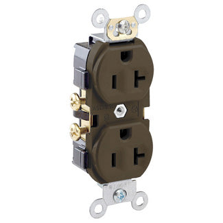 Leviton CR20 | Duplex Receptacle Outlet, Commercial Specification Grade, Indented Face, 20 Amp, 125 Volt, NEMA 5-20R, 2-Pole, 3-Wire, Self-Grounding - Brown