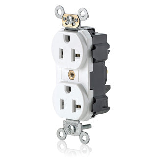 Leviton M5362-SW | Lev-Lok Duplex Receptacle Outlet, Heavy-Duty Industrial Specification Grade, Smooth Face, Self-Grounding - White