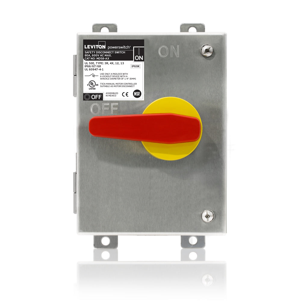 Leviton MDS8-AX | 80 Amp Non-Fused PowerSwitch Stainless Steel Disconnect Switch, 600 Volt, Type 304 Non-Magnetic Stainless Steel Enclosure