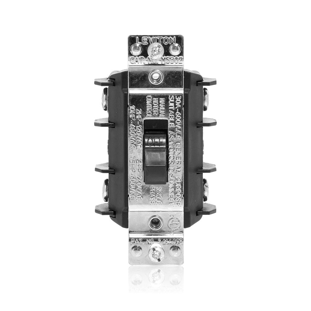 Leviton MS302-DSS | 30 Amp, 600 Volt, 2-Pole, Single-Phase Single Throw AC Manual Motor Controller, Short Toggle, Industrial Grade, Non-Grounding, Black