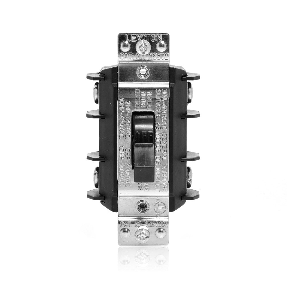 Leviton MS302-DS | 30 Amp, 600 Volt, 2-Pole, Single-Phase Single Throw AC Manual Motor Controller, Standard Toggle, Non-Grounding, Black