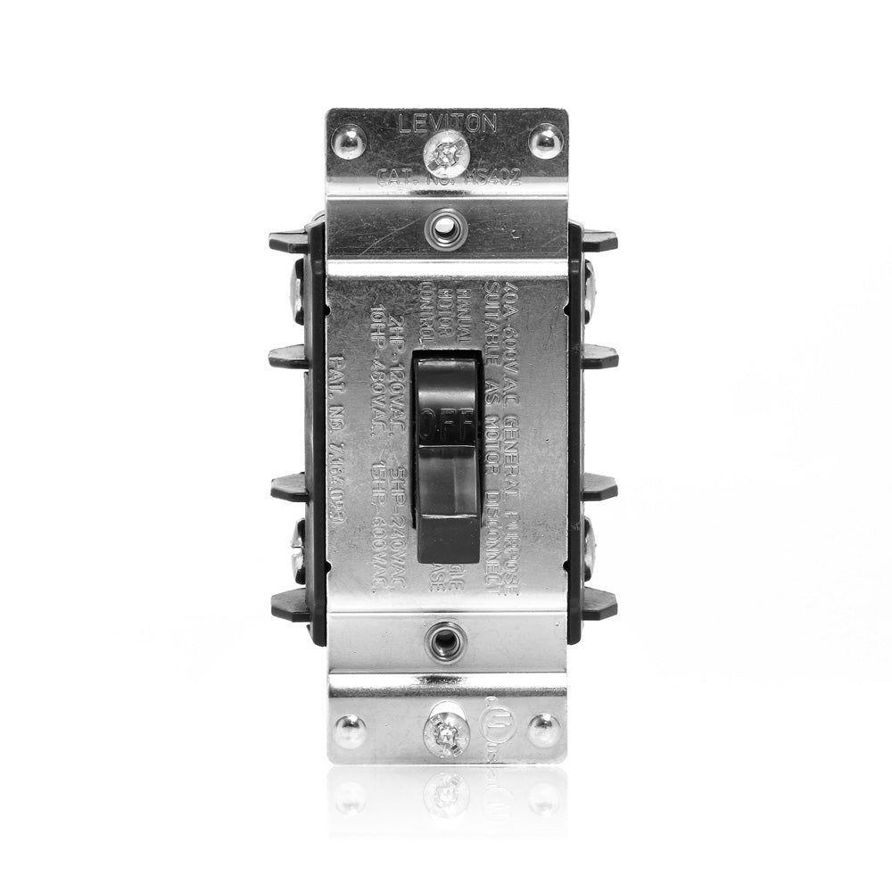 Leviton MS402-DS | 40 Amp, 600 Volt, 2-Pole, Single-Phase Single Throw AC Manual Motor Controller, Standard Toggle, Non-Grounding, Black