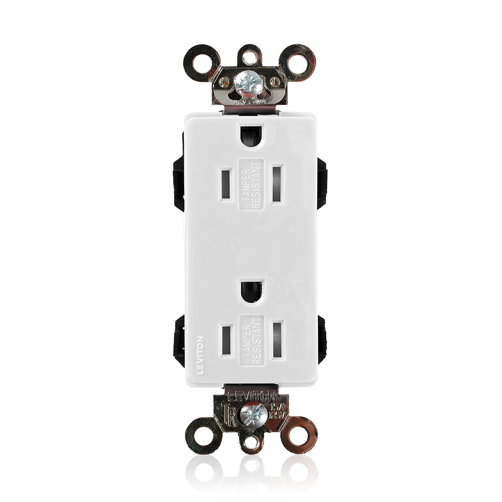Leviton MT162-W | Lev-Lok Decora Plus Duplex Receptacle Outlet, Heavy-Duty Industrial Specification Grade, Tamper-Resistant, Smooth Face