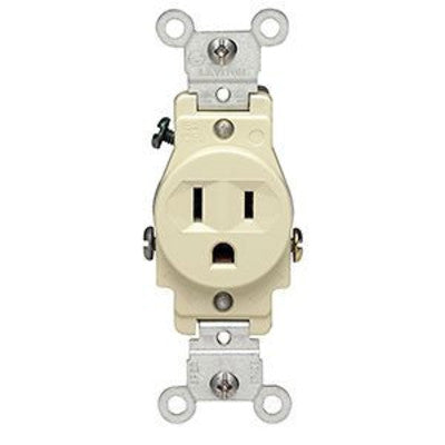 Leviton 5015-I | Single Receptacle Outlet, Commercial Specification Grade, Smooth Face, 15 Amp, 125 Volt, Side Wire, NEMA 5-15R, 2-Pole, 3-Wire, Grounding, Ivory