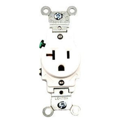 Leviton 5801-W | Single Receptacle Outlet, Commercial Specification Grade, Smooth Face, 20 Amp, 125 Volt, Side Wire, NEMA 5-20R, 2-Pole, 3-Wire, Grounding, White