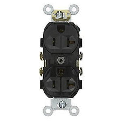 Leviton CR20-E | Duplex Receptacle Outlet, Commercial Specification Grade, Indented Face, 20 Amp, 125 Volt, NEMA 5-20R, 2-Pole, 3-Wire, Self-Grounding - Black