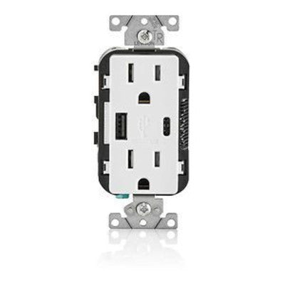 Leviton T5633-W | 5.1A USB Type A/Type-C Wall Outlet Charger with 15A Tamper-Resistant Outlet