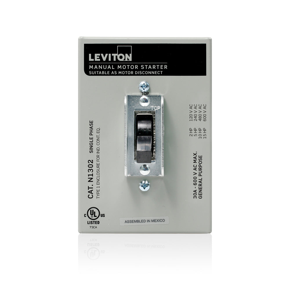 Leviton N1302-DS | 30 Amp, 600 Volt, Toggle In Type 1 Enclosure Double-Pole AC Manual Motor Controller, Grounded To Enclosure, Back & Side Wired, Gray