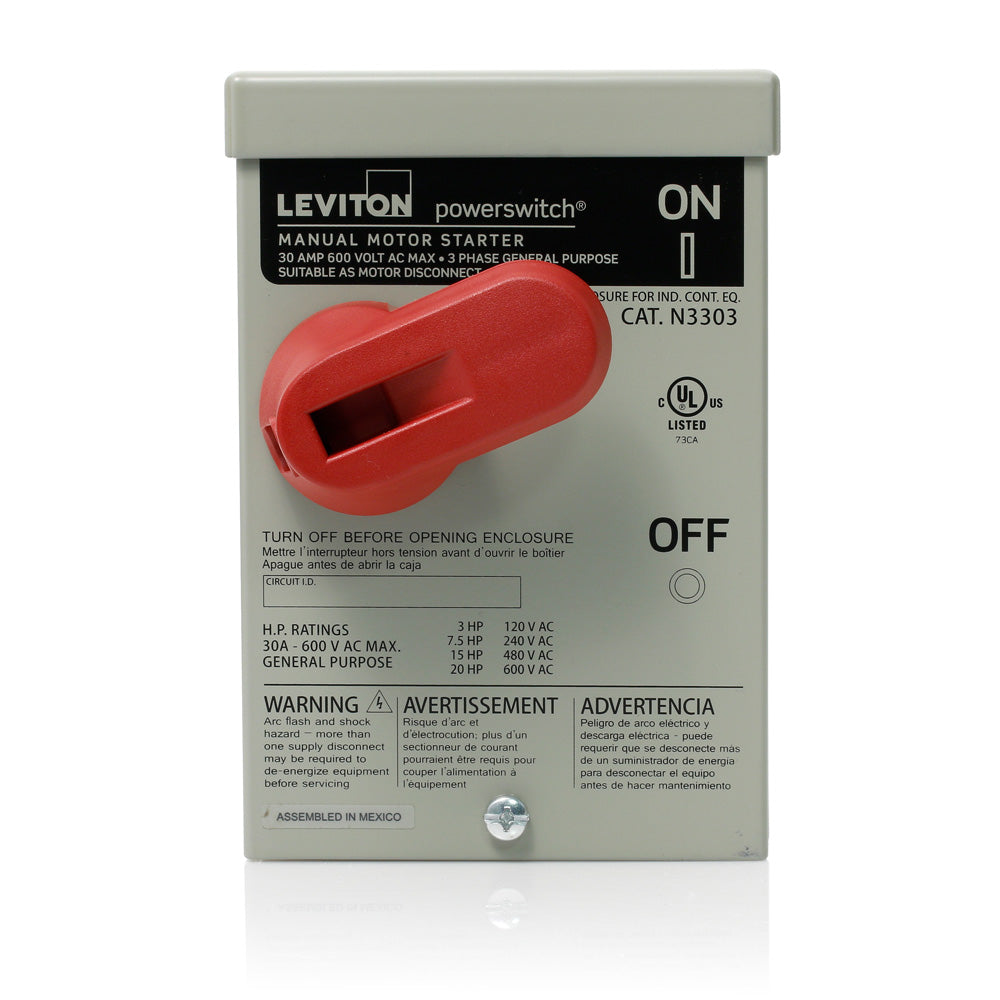 Leviton N3303-DS | 30 Amp, 600 Volt, Toggle In Type 3R Enclosure Three-Pole AC Manual Motor Controller, Industrial Grade, Grounded To Enclosure, Gray