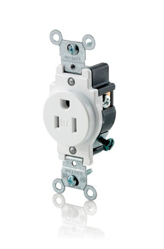 Leviton T5015-W | Single Receptacle Outlet, Commercial Specification Grade, Tamper-Resistant, Smooth Face, 15 Amp, NEMA 5-15R, 2-Pole, 3-Wire - White
