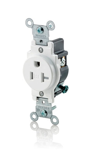 Leviton T5020-W | Single Receptacle Outlet, Commercial Specification Grade, Tamper-Resistant, Smooth Face, 20 Amp, NEMA 5-20R, 2-Pole, 3-Wire - White