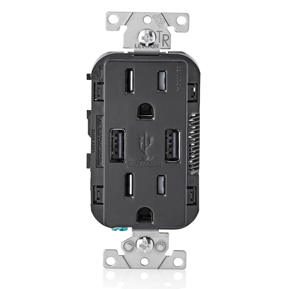 Leviton T5632-E | 3.6A USB Type-A/Type-A Wall Outlet Charger with 15A Tamper-Resistant Receptacles