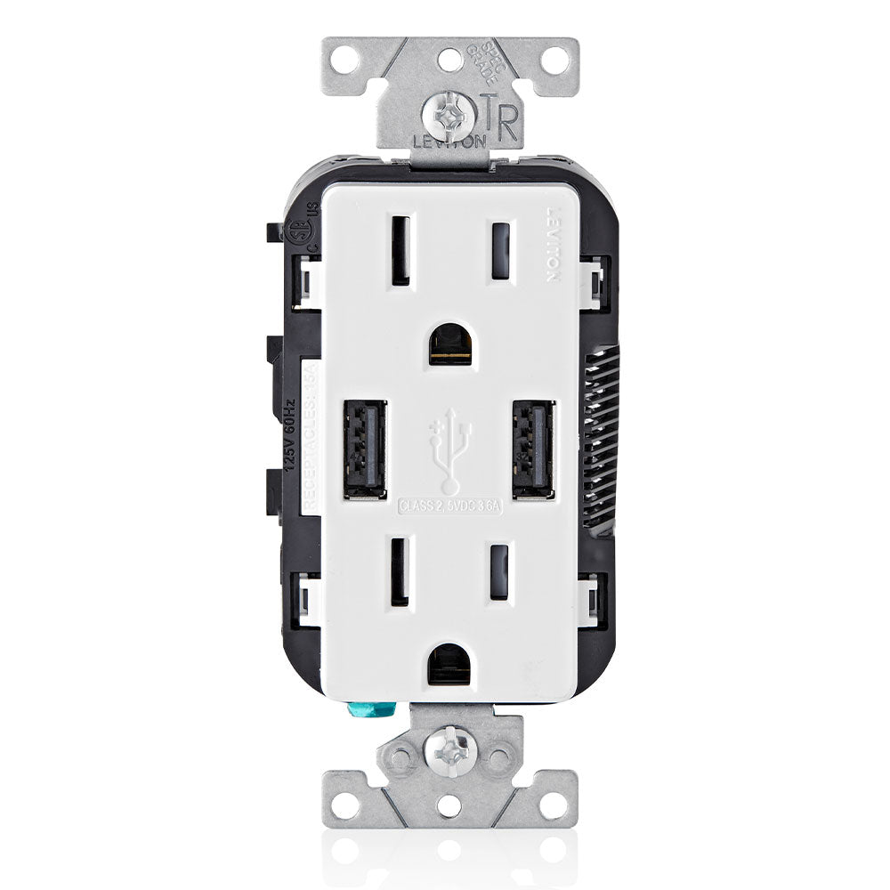 Leviton T5632-W | 3.6A USB Type-A/Type-A Wall Outlet Charger with 15A Tamper-Resistant Receptacles