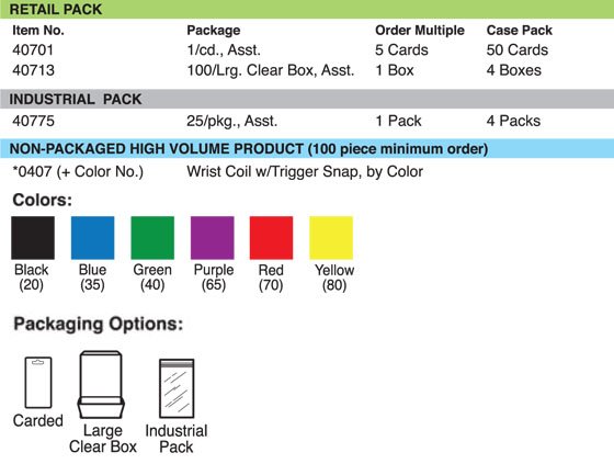 Lucky Line Products 40701 | Wrist Coil with Trigger Snap, Assorted Colors, 1/Card