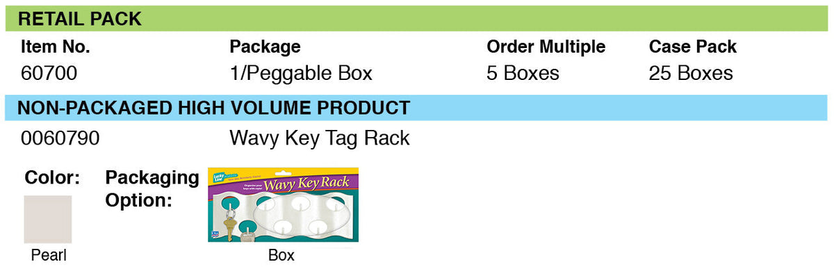 Lucky Line Products 60700 | Wavy Key Rack, 3-1/4" Width x 10-1/4" Length x 5/8" Thickness, 7 Hook, Pearlized White, 1 each per Peggable Box