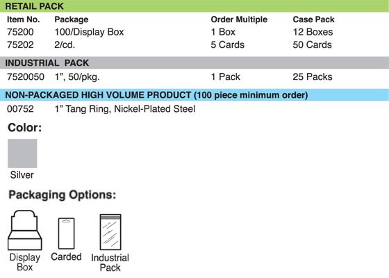 Lucky Line Products 75202 | Key Ring, Tang, 1", Nickel Plated Steel Spring Wire, Silver with 0.62" Turn, 2 each per Card