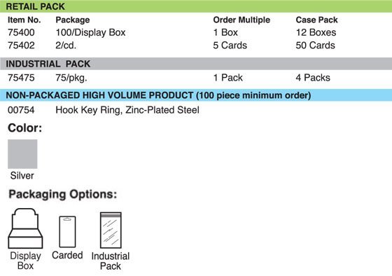 Lucky Line Products 75400 | Key Ring, Hook, 2-3/4" Length x 1-1/2" Diameter, Steel, Zinc Plated, 100 each per Display Box