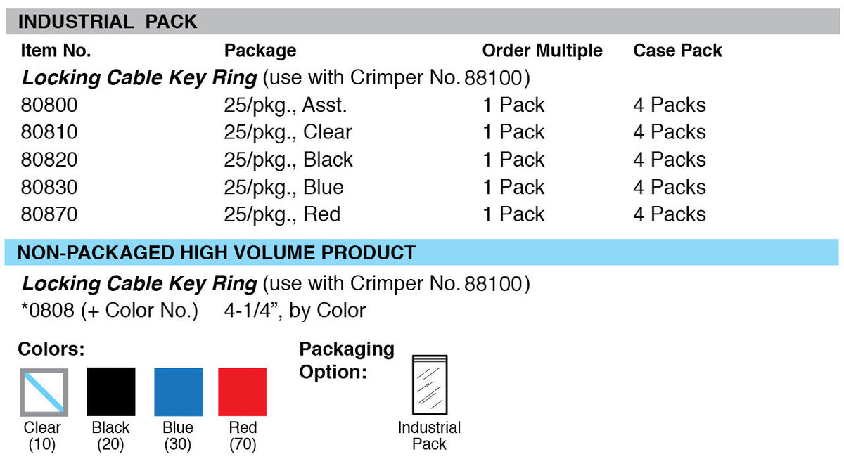 Lucky Line Products 80830 | 4" Locking Cable Key Ring, Blue