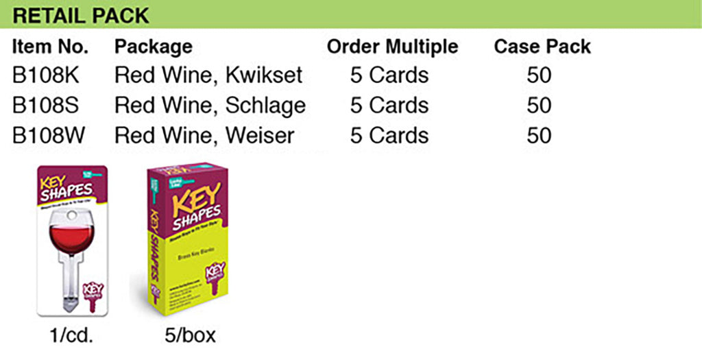 Lucky Line Products B108W | House Key, Weiser, Red Wine, Brass, Enamel Coating, 1 each per Card