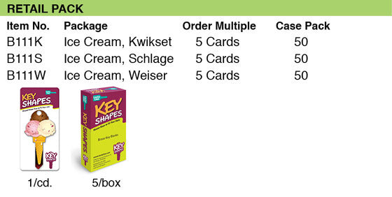 Lucky Line Products B111W | House Key, Weiser, Ice Cream, Brass, Enamel Coating, 1 each per Card