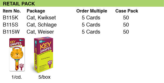 Lucky Line Products B115K | House Key, Kwikset, Cat, Brass, Enamel Coating, 1 each per Card