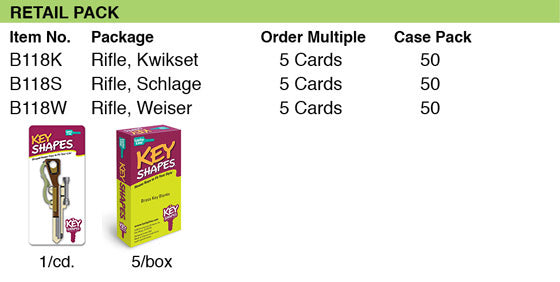 Lucky Line Products B118K | House Key, Kwikset, Rifle, Brass, Enamel Coating, 1 each per Card