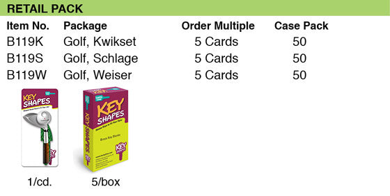 Lucky Line Products B119S | House Key, Schlage, Golf Club, Brass, Enamel Coating, 1 each per Card
