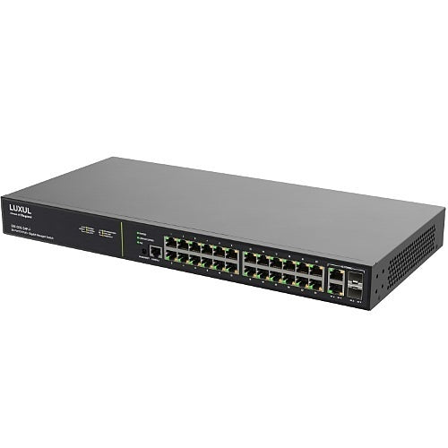 Luxul Wireless SW-505-24P-F | Managed PoE+ Switch, 24-Port, 24 x PoE+, 2 x RJ45/SFP, Gigabit Ethernet, 100–240 VAC