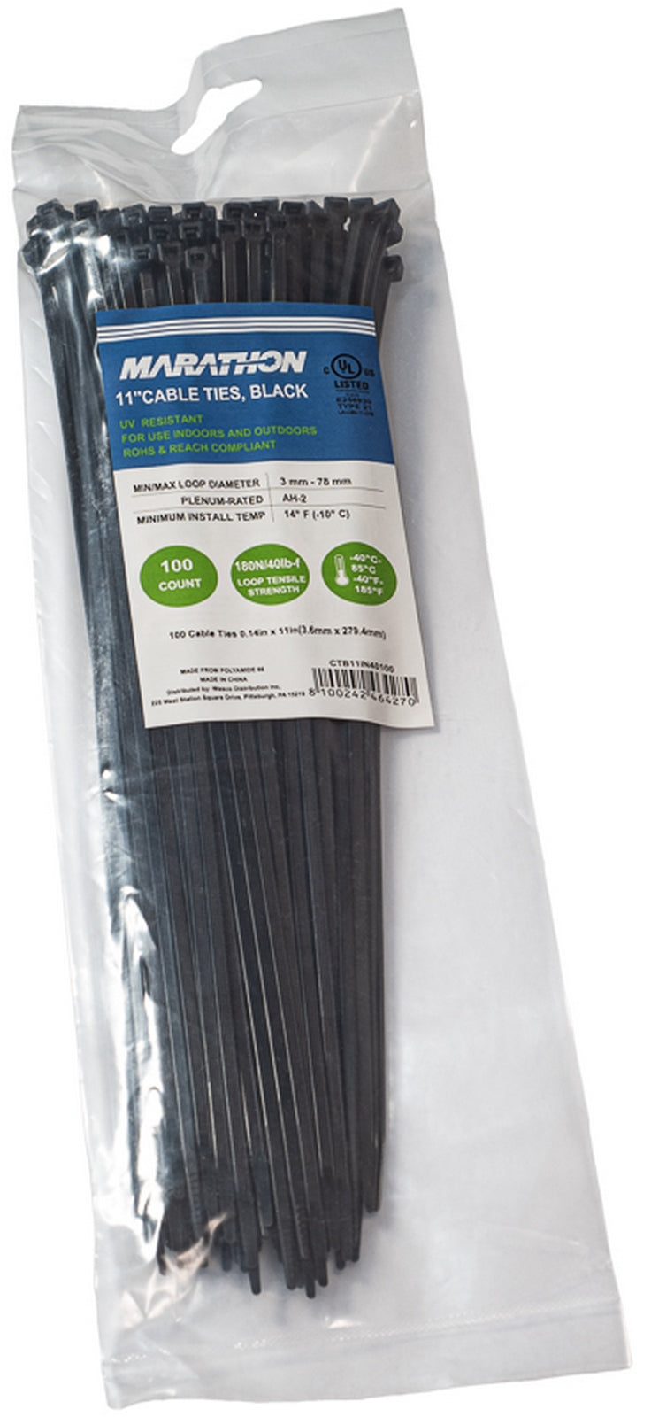 Marathon CTB11IN40100 | Cable Tie, Length 11 in., Nylon 6.6, Tensile Strength 40 lb