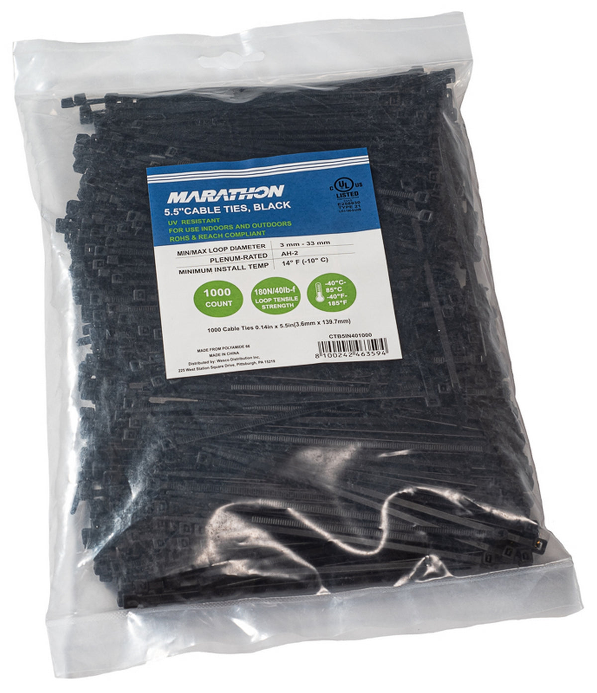 Marathon CTB5IN401000 | UV-Resistant Cable Tie, 0.14" x 5", Black, 40 lb Tensile Strength, 1, 000-Pack