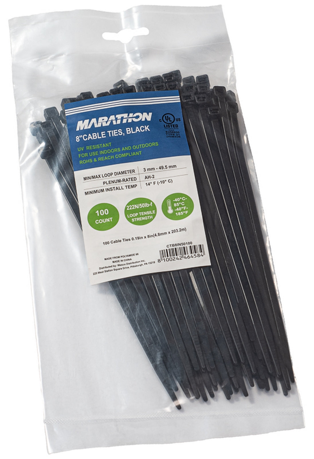 Marathon CTB8IN50100 | Cable Tie, Length 8 in. (200mm), Nylon 6.6, Tensile Strength 50 lb