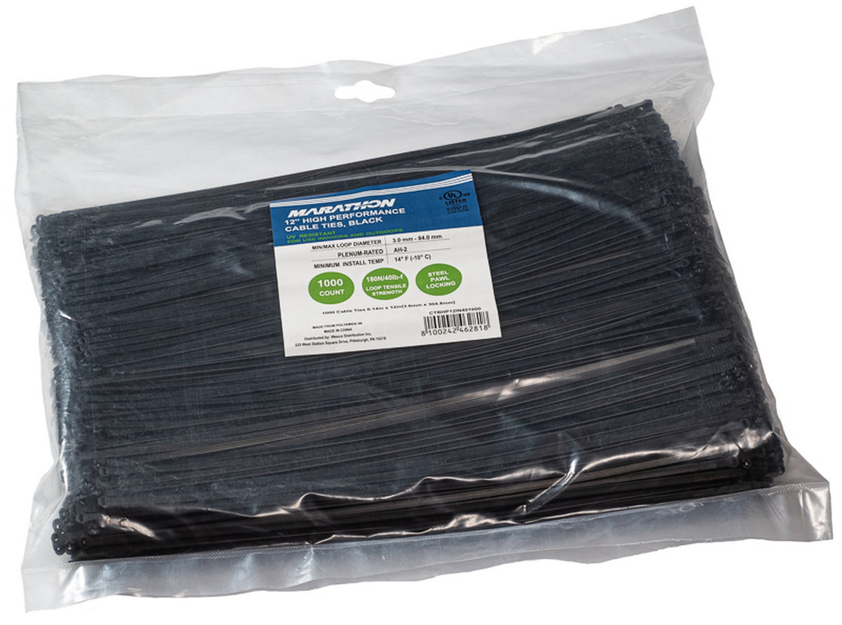 Marathon CTBHP12IN401000 | UV-Resistant Cable Tie, 0.14" x 5", Black, 40 lb Tensile Strength, 1, 000-Pack