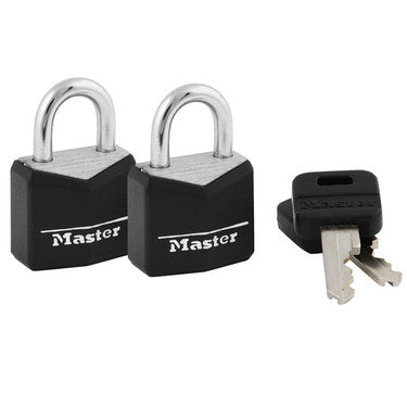 Master Lock 121T | Padlock, Keyed Alike, 3-Pin Cylinder, 3/4" Width, 7/16" Shackle Clearance, Black Vinyl Covered, 2 each per Pack