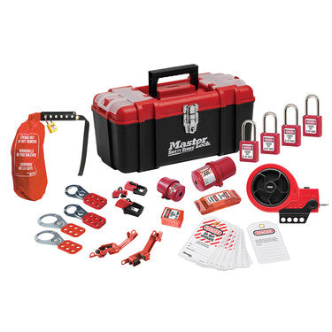 Master Lock 1457E410KAPRE | Lockout Toolbox with Premier Electrical Device Assortment and four Zenex™ Thermoplastic Padlocks