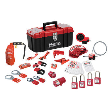 Master Lock 1457VE410KAPRE | Lockout Toolbox with Premier Valve and Electrical Device Assortment and four Zenex™ Thermoplastic Padlocks