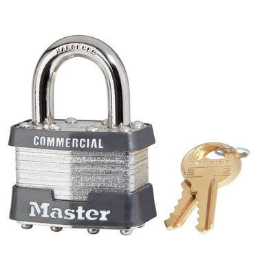 Master Lock 1DCOM | Tumbler Padlock, Keyed Different, 4-Pin W1 Cylinder, 1-3/4" Width, 15/16" Shackle Clearance, Laminated Steel, for Commercial