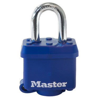 Master Lock 312D | Tumbler Padlock, Keyed Different, 4-Pin Cylinder, 1-9/16" Width, 1-1/16" Shackle Clearance, Laminated Steel, Blue