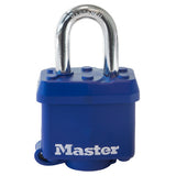 Master Lock 312D | Tumbler Padlock, Keyed Different, 4-Pin Cylinder, 1-9/16" Width, 1-1/16" Shackle Clearance, Laminated Steel, Blue