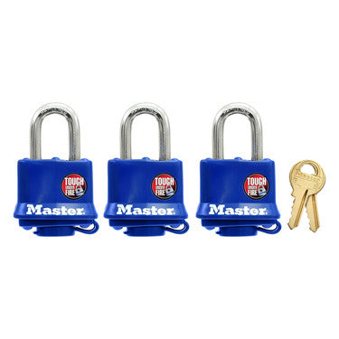 Master Lock 312TRI | Tumbler Padlock, Keyed Different, 4-Pin Cylinder, 1-9/16" Width, 1-1/16" Shackle Clearance, Laminated Steel, Blue, 3 each per Pack