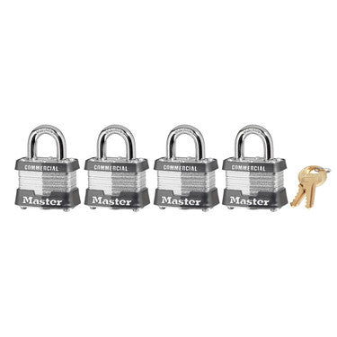 Master Lock 3QCOM | Tumbler Padlock, Keyed Different, 4-Pin W1 Cylinder, 1-9/16" Width, 3/4" Shackle Clearance, Laminated Steel, for Commercial, 4 each per Pack