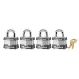 Master Lock 3QCOM | Tumbler Padlock, Keyed Different, 4-Pin W1 Cylinder, 1-9/16" Width, 3/4" Shackle Clearance, Laminated Steel, for Commercial, 4 each per Pack