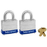 Master Lock 3T | Tumbler Padlock, Keyed Alike, 4-Pin Cylinder, 1-9/16" Width, 3/4" Shackle Clearance, Laminated Steel, 8 each per Pack
