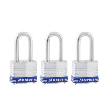 Master Lock 3TRILF | Tumbler Padlock, Keyed Alike, 4-Pin Cylinder, 1-9/16" Width, 1-1/2" Shackle Clearance, Laminated Steel