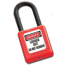 Master Lock 406KAW400RED3XX0005 | Master Lock Keyed-Alike Safety Padlock, 1.5" Nylon Shackle, Red