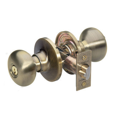 Master Lock BC0105KA4S | Door Lock, Keyed Alike, Biscuit Knob, Adjustable Backset, Antique Brass, SC1 Cylinder, for Entry, 8 each per Box