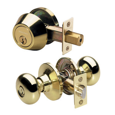 Master Lock BCC0603KA4S | Door Lock, Keyed Alike, Biscuit Knob, 6-Way Adjustable Latch, Polished Brass, SC1 Cylinder, for Entry, 4 each per Box