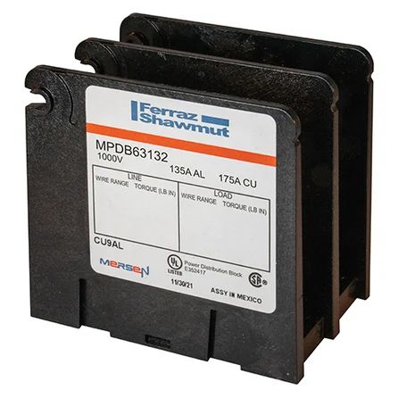 Mersen MPDB63132 | Open-Style PDB UL 1953 1000V 135A Tin-plated Aluminum - 175A 2-Pole 1 - 4 openings; 2/0-#14 --- #4-#14 Box to Box