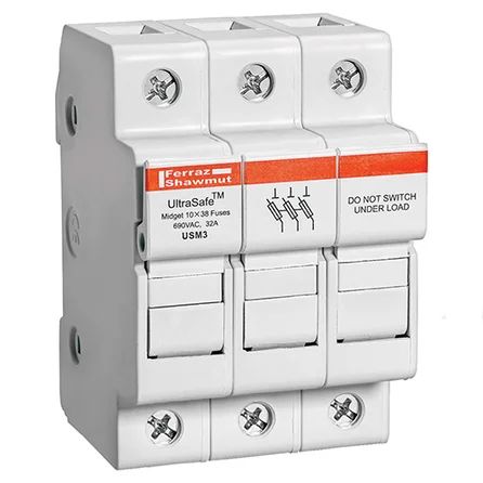 Mersen USM3 | Fuse Holder UltraSafe™ 800VAC 1000VDC Midget 30A 3-Pole Pressure Plate IP20